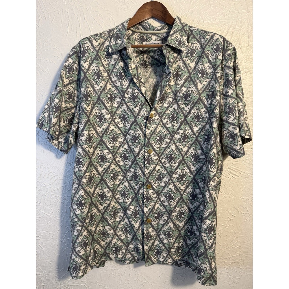 Tommy Bahama Men's Geometric Print Cotton Silk Short Sleeve Button Up Shirt